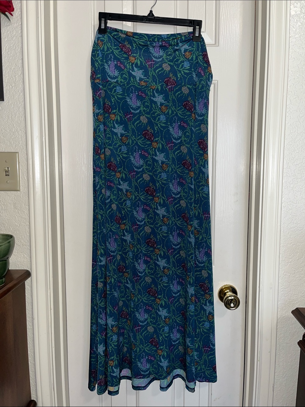 LuLaRoe XL Teal Floral Maxi Skirt Fold Over Yoga Waist Boho Stretch - Picture 2 of 7